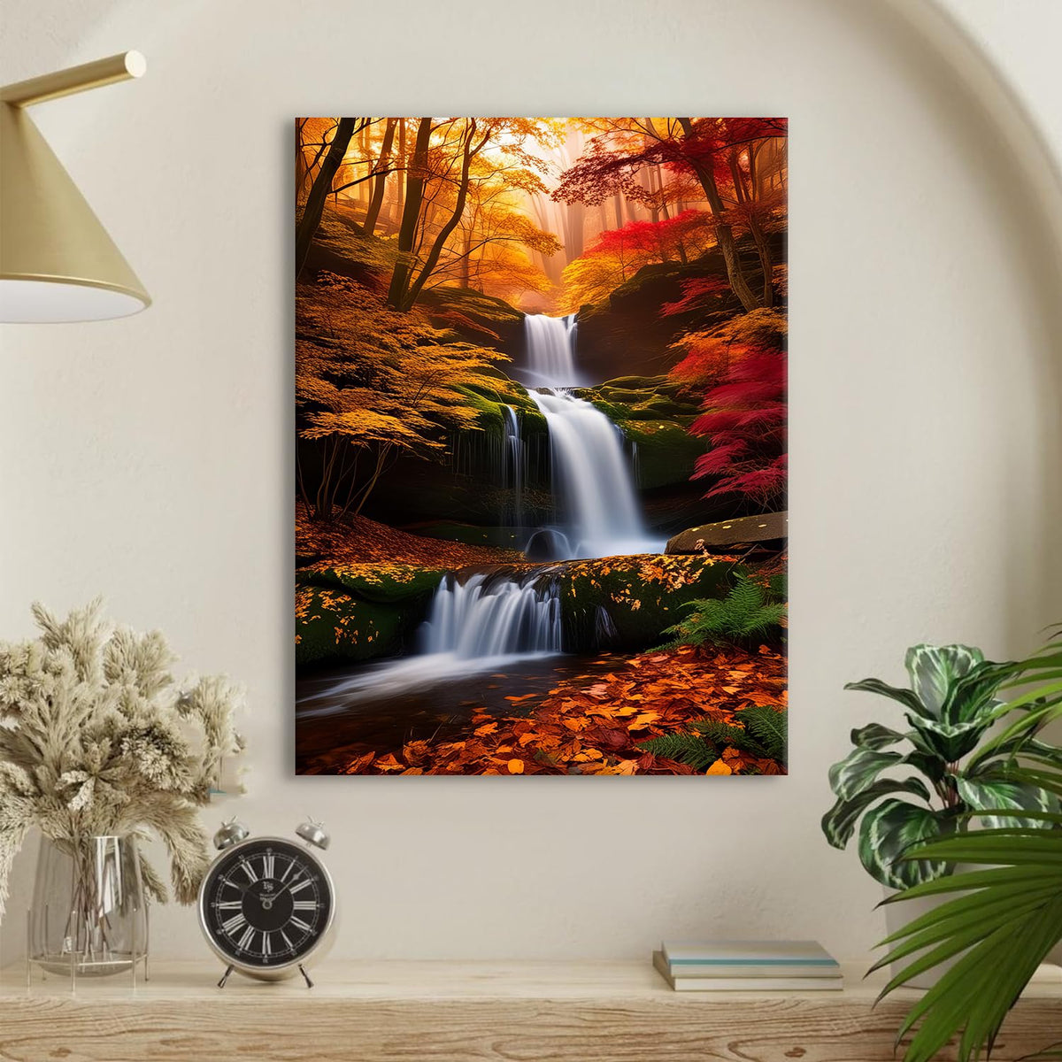Waterfall Wall Art Burnt Orange Fall Tree Wall Decor Nature Tropical Forest Landscape Pictures for Living Room Maple Trees Painting Canvas Prints River Scenery Artwork Bedroom Home Decorations 12x16" (12"L x 16"W / Fall03)