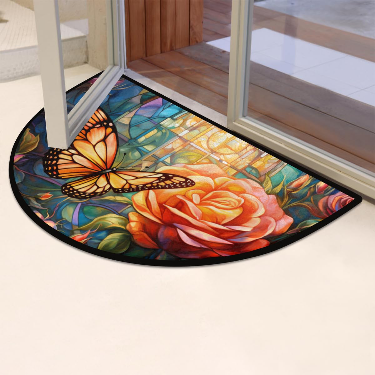 Butterfly Half Round Doormat Non Slip Half Moon Rug Outdoor Welcome Mat (B 019)