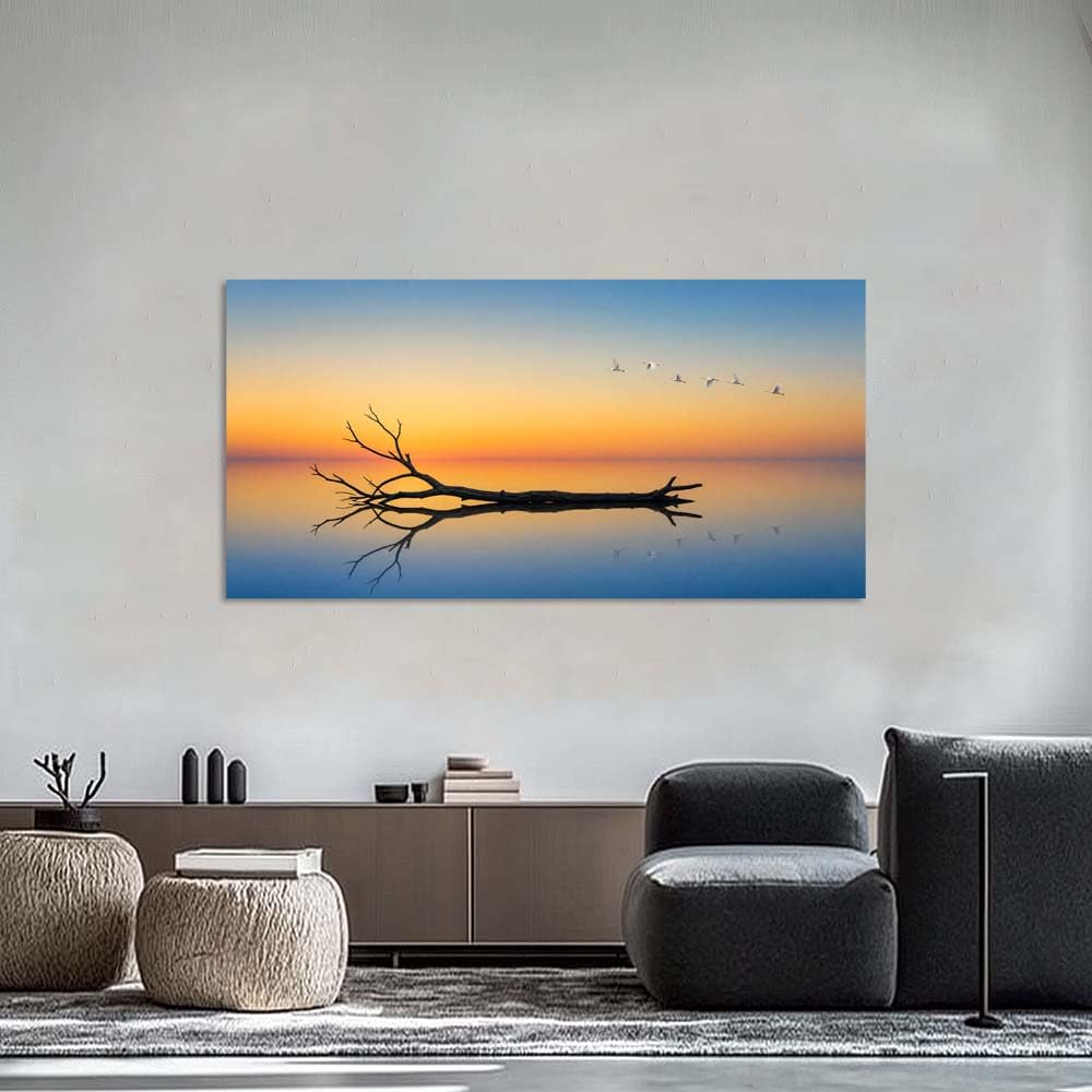 Minimalist Bare Tree Canvas Wall Art Zen Lake Reflection Landscape Painting Flat Print Gallery Wrapped Moody Artwork for Living Room Bedroom Bathroom Decor (Mysterious / Black Dead Tree Branch 18 / 46"L x 23"W)