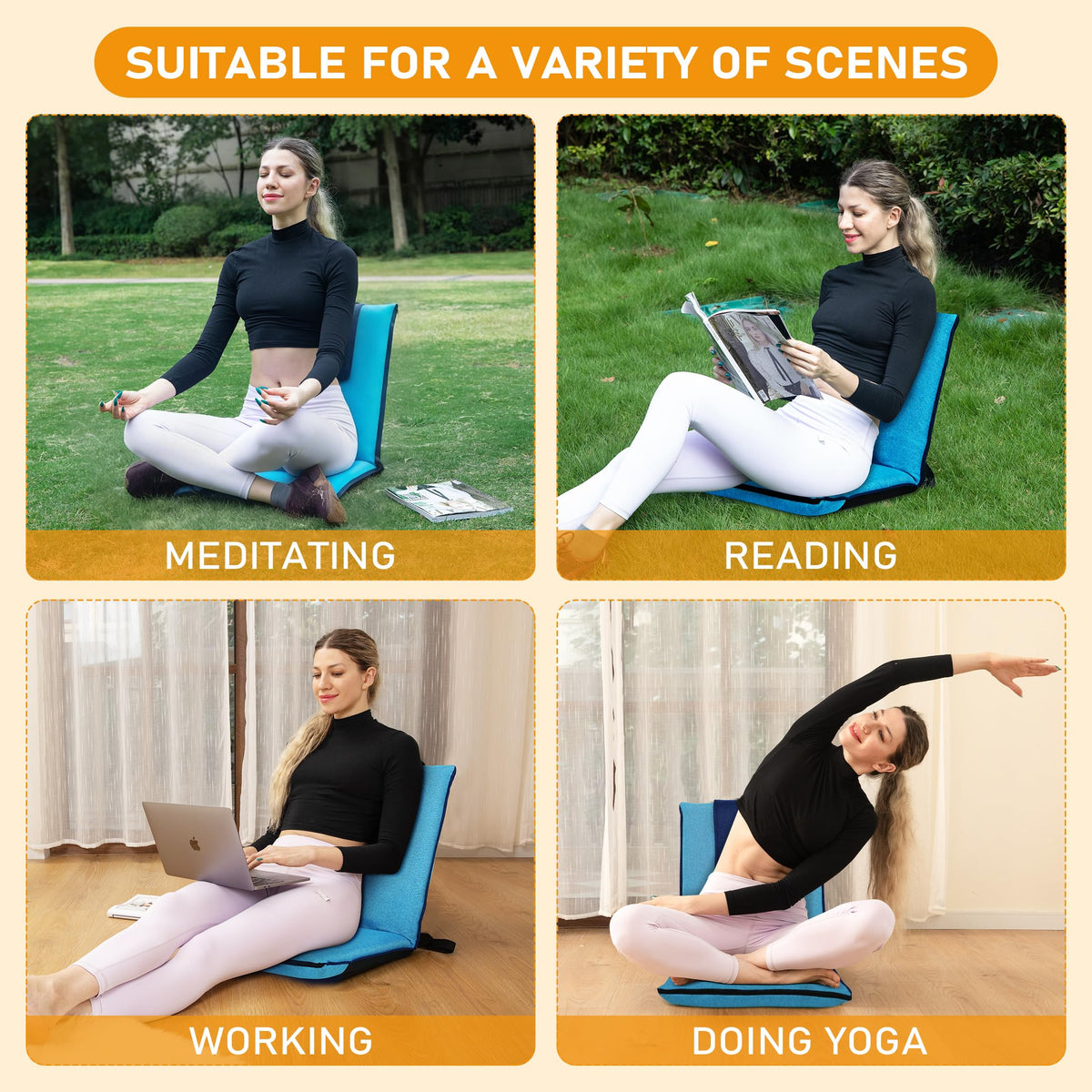 Floor Chair with Back Support Foldable Meditation Seat (Bright Blue & Dark Blue)