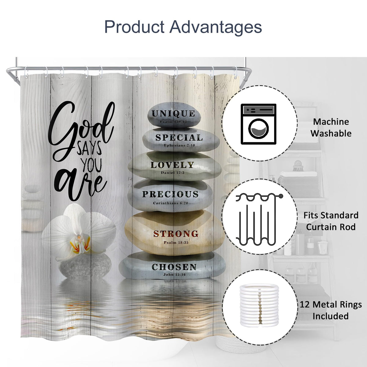 Bible Verse Scripture Christian Shower Curtain Zen Stone Spa 60Wx72L Inch (A-beige / 60"W x 72"L (Pack of 1))