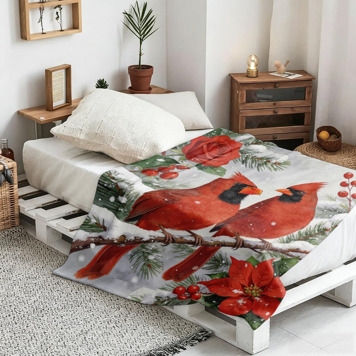 Cardinal Throw Blanket Vintage Christian Red Birds Cozy Flannel 60"X80" (Cardinals / 60"X80")