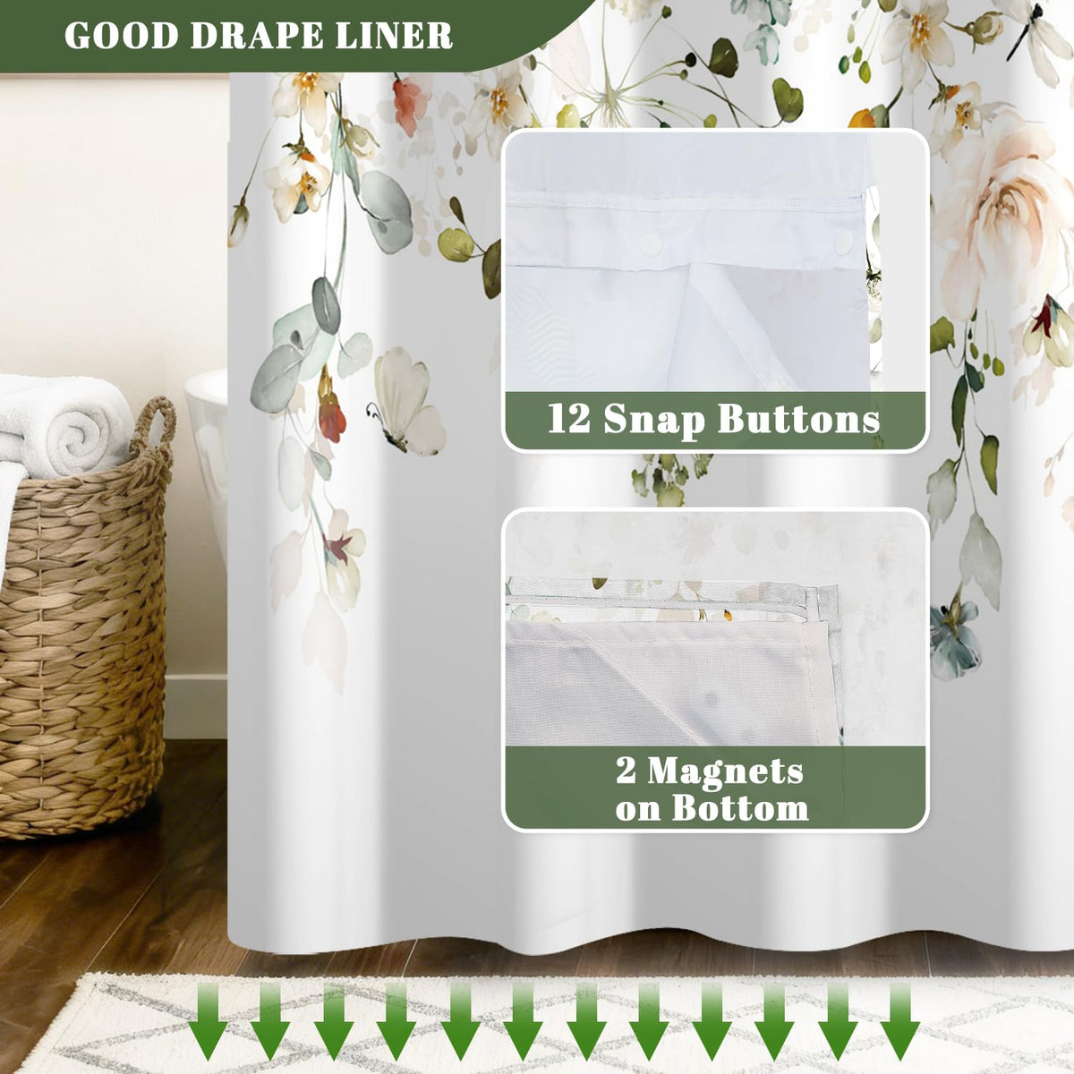 No Hook Shower Curtain with Snap in Liner (Hanging Botanical)