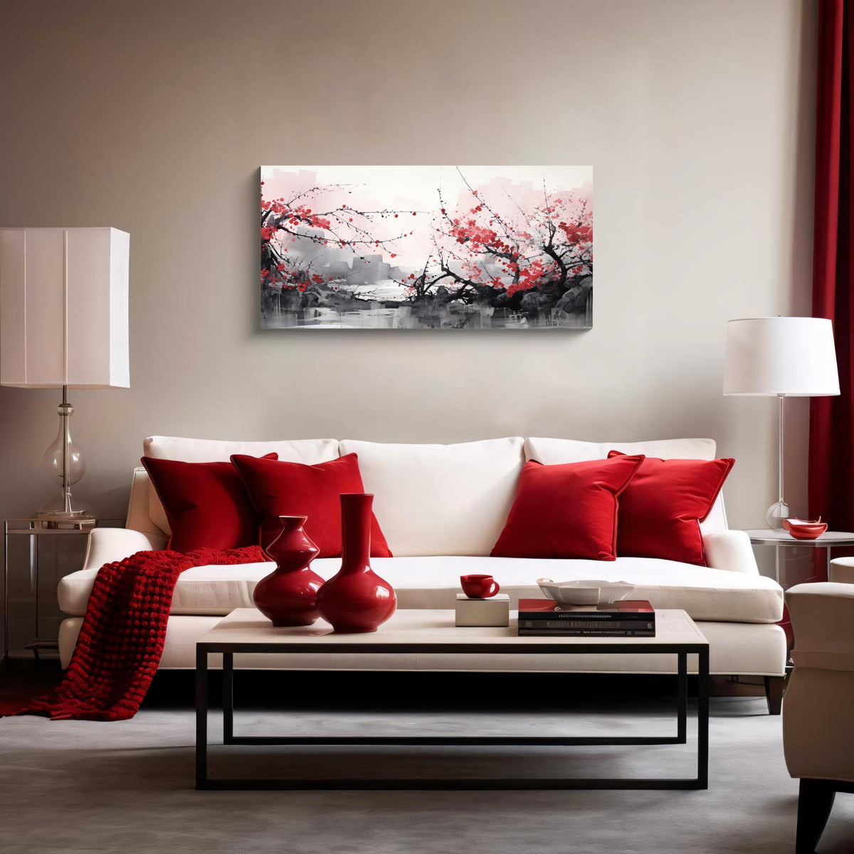 3PCS Asian Ink Style Cherry Blossom Canvas Wall Art Red Plum Flower Landscape Minimalist Zen Nature Scene Oriental Watercolor Artwork for Bedroom Living Room Office or Meditation Space Decor (Red-One Piece-2 / 16x8 inches (1 piece))