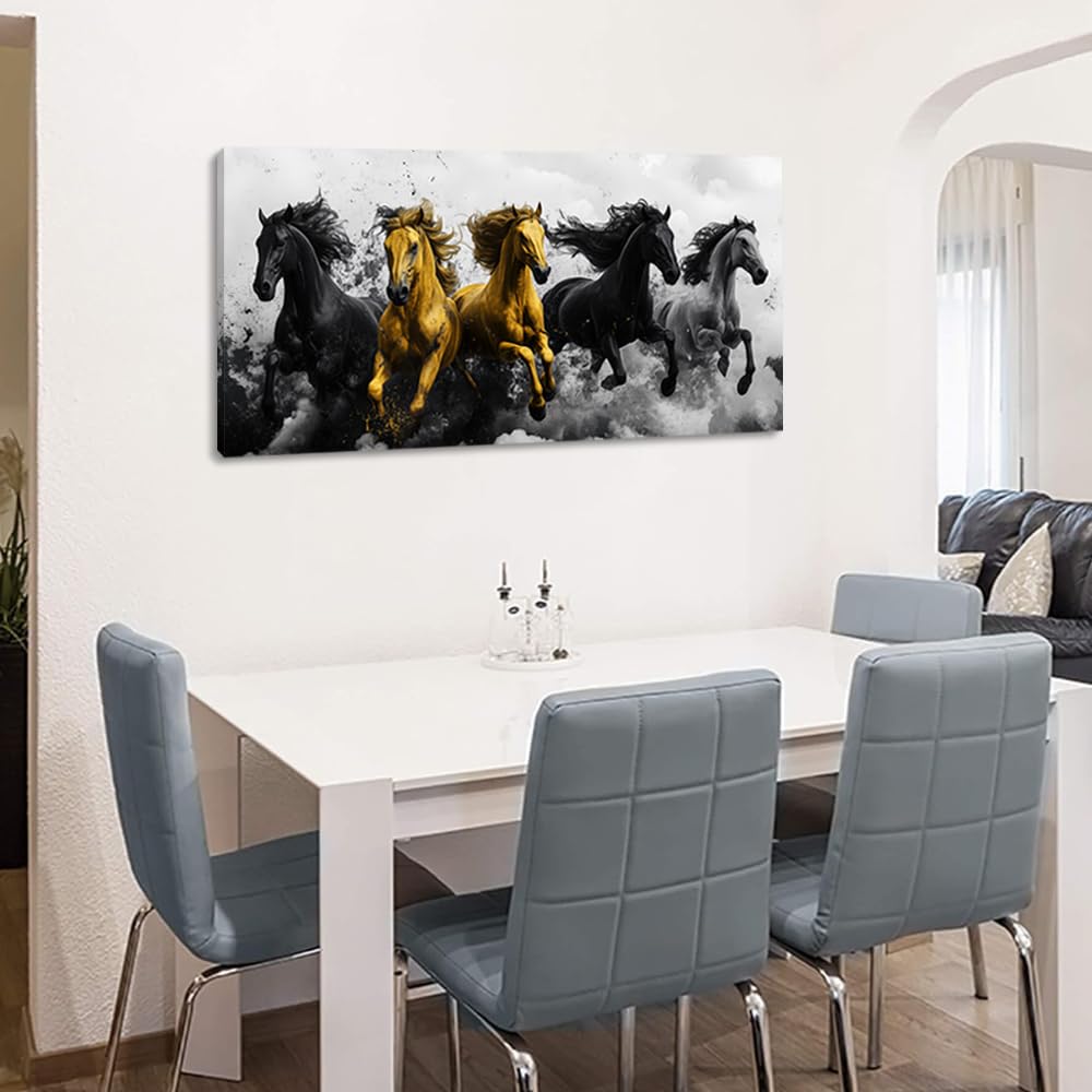 Gold Running Horses Wall Art for Living Room Office Abstract Dynamic Movement Modern Painting Prints Contemporary Canvas Artwork Dining Bedroom Decor Large (Abstract / Black Gold Gray Horses Wall Art / 46"L x 23"W)