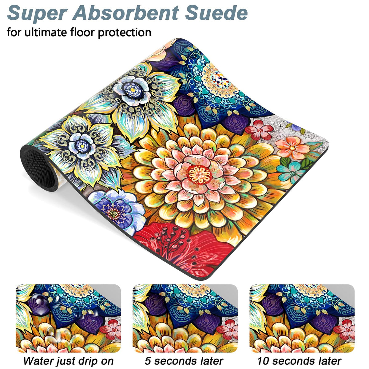 Dog Food Mat 12" x 19" Flower Absorbent Dog Cat Bowl Mat for Food and Water (Colorful Mandala / 19"L x 12"W)