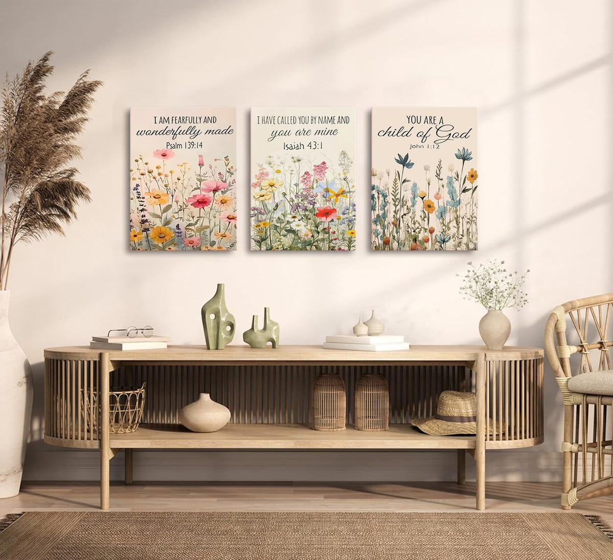 3Pcs Christian Floral Scripture Canvas Wall Art (Flower canvas / 16L"x12W")