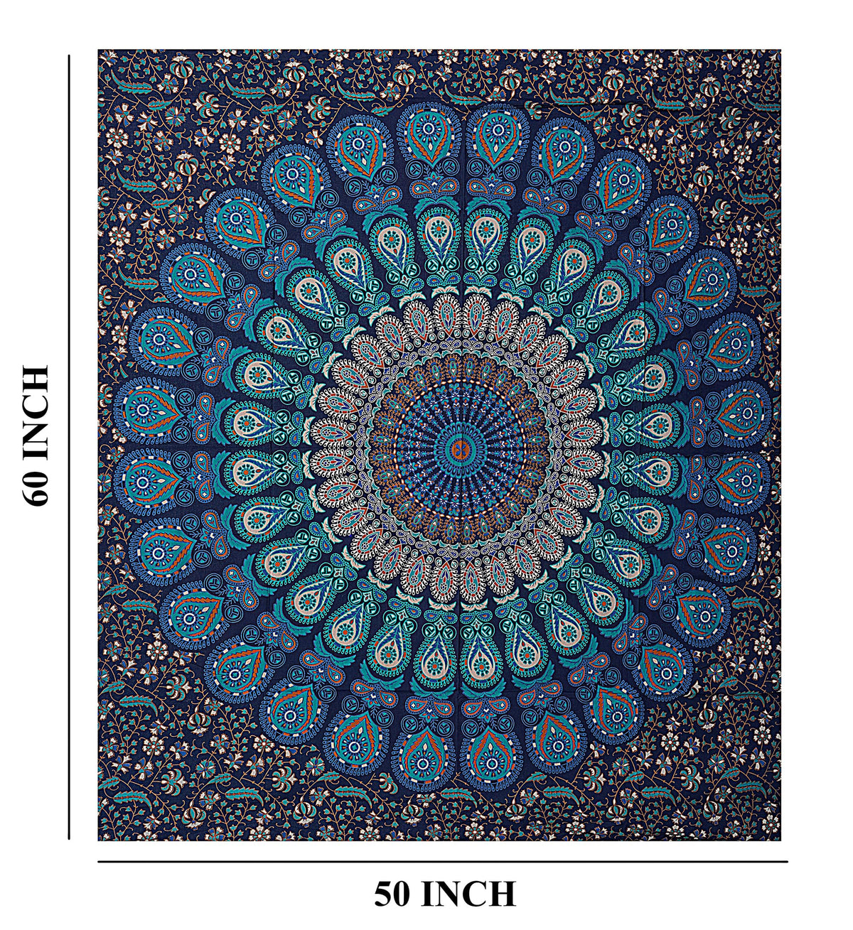 Handmade Cotton Peacock Mandala Tapestry (60"L x 50"W / Navy Blue)