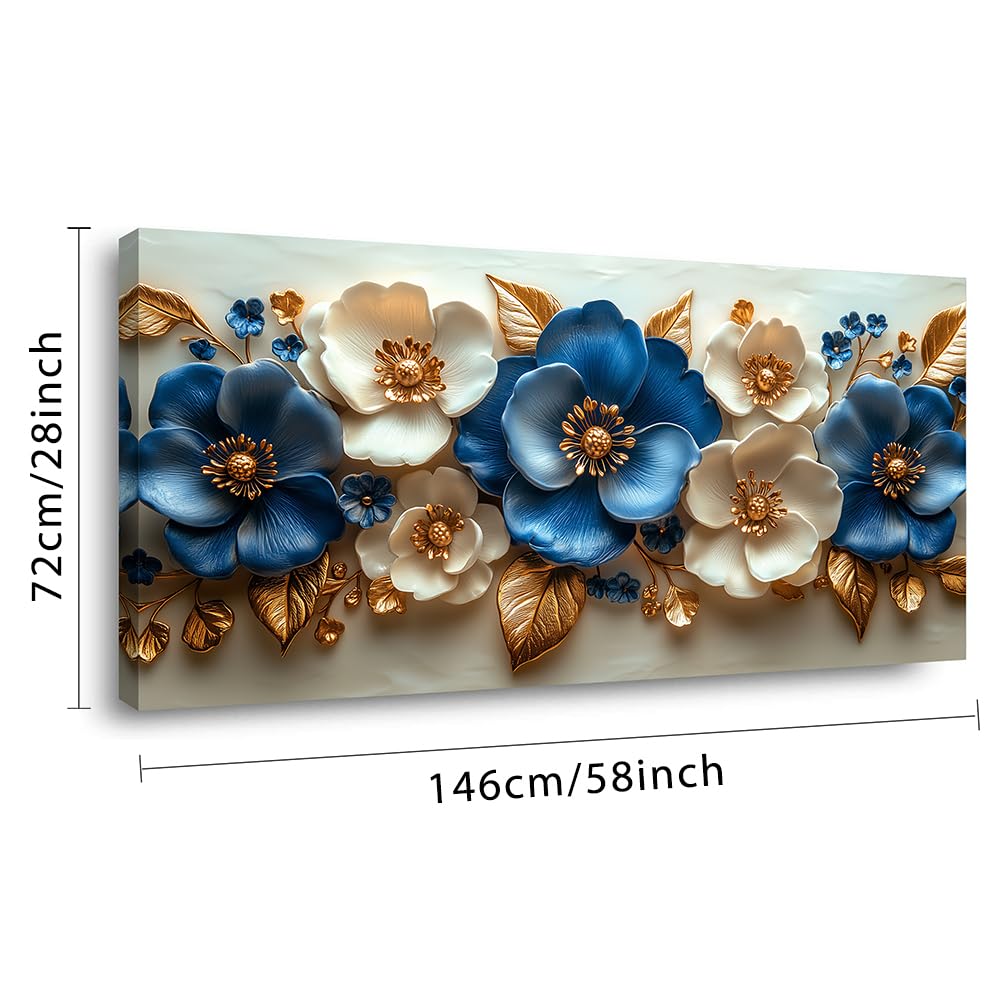 Abstract Beautiful Floral Flower Wall Art for Living Room Office Contemporary Art Deco White Nature Plant Painting Prints Modern Elegant Canvas Artwork Over the Couch Bedroom Decor Extra Large (58"L x 28"W / Blue and White Flower Wall Art (K867))