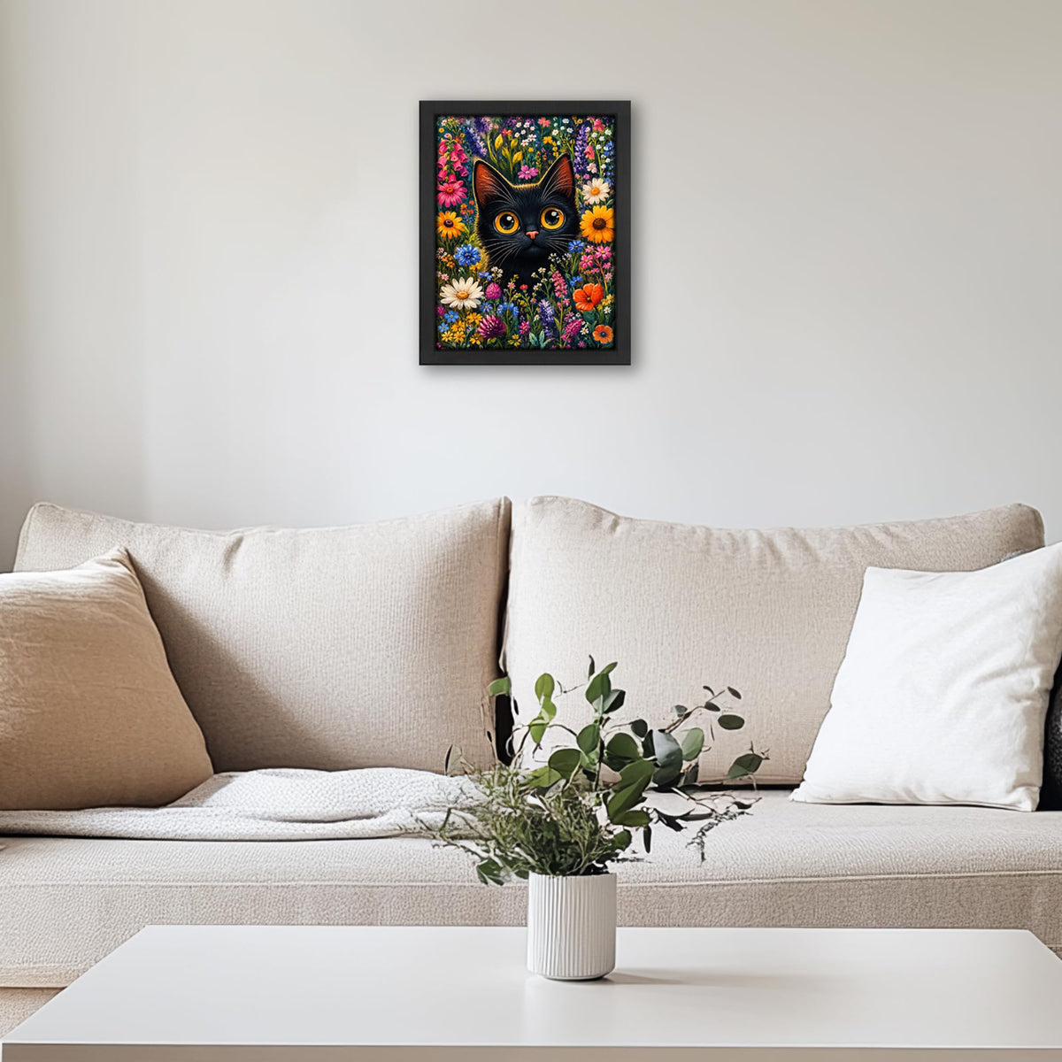 Black Cat Floral Decor Wall Art (Wall Art Framed 47 / 20"L x 16"W)