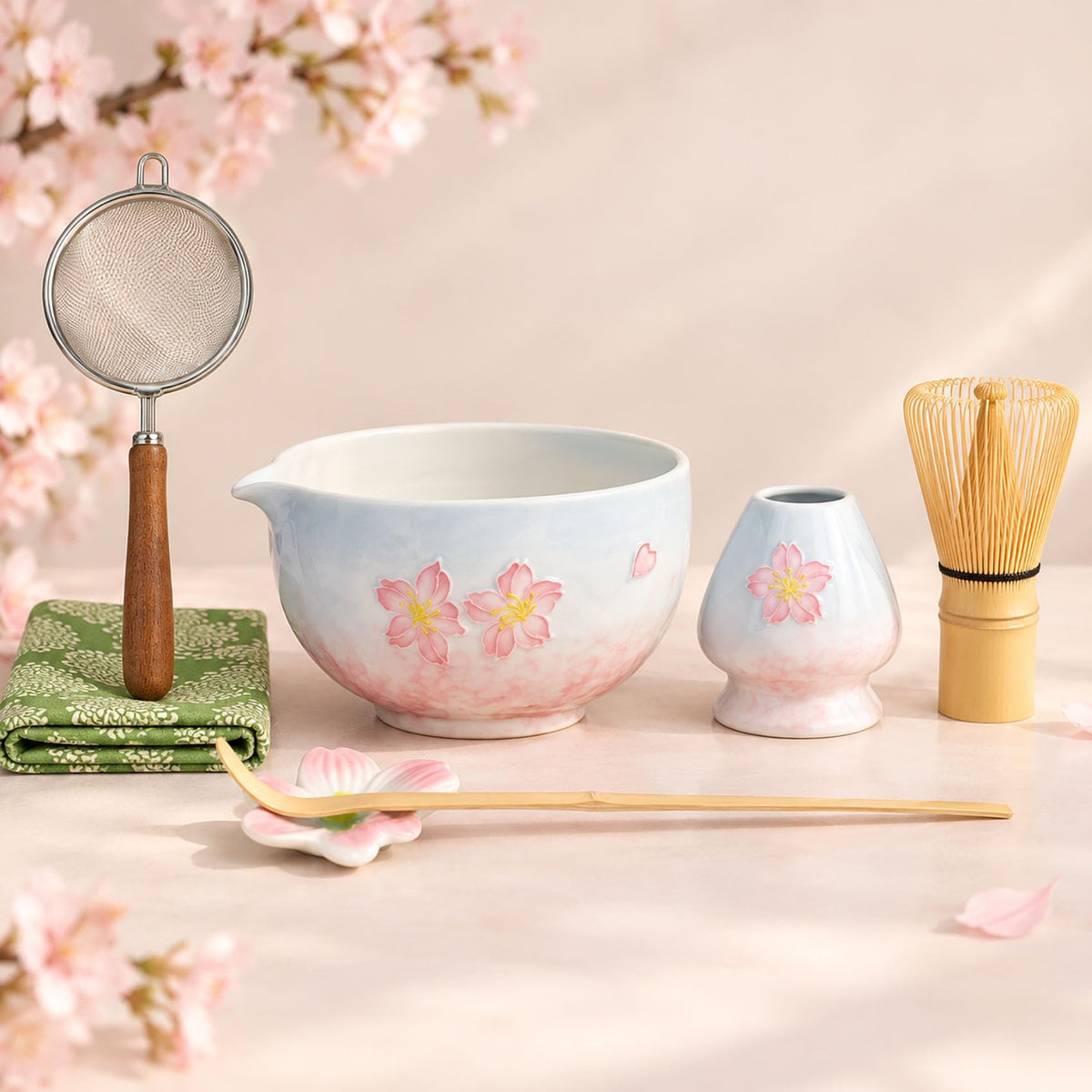 8 Piece Sakura Matcha Set with Pink & Blue Ceramic Bowl and Bamboo Whisk (blue & Pink)