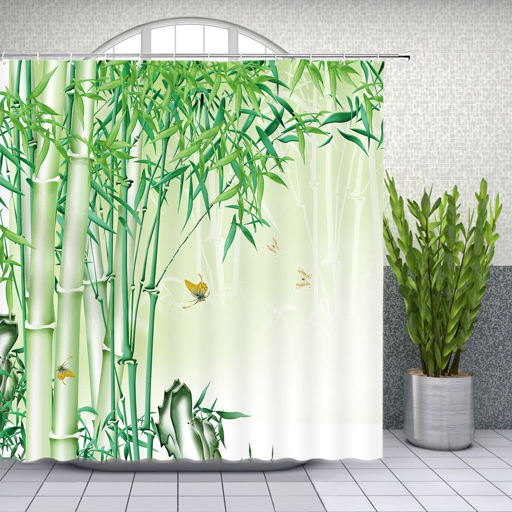Bamboo Shower Curtain Green Bamboo Forest Tree Butterfly Japanese Asain Art Rustic Wild Nature Plant Scenic Fresh Spa Fabric Bathroom Sets with Hooks (Green Yellow / 70"W x 70"L (Pack of 1))