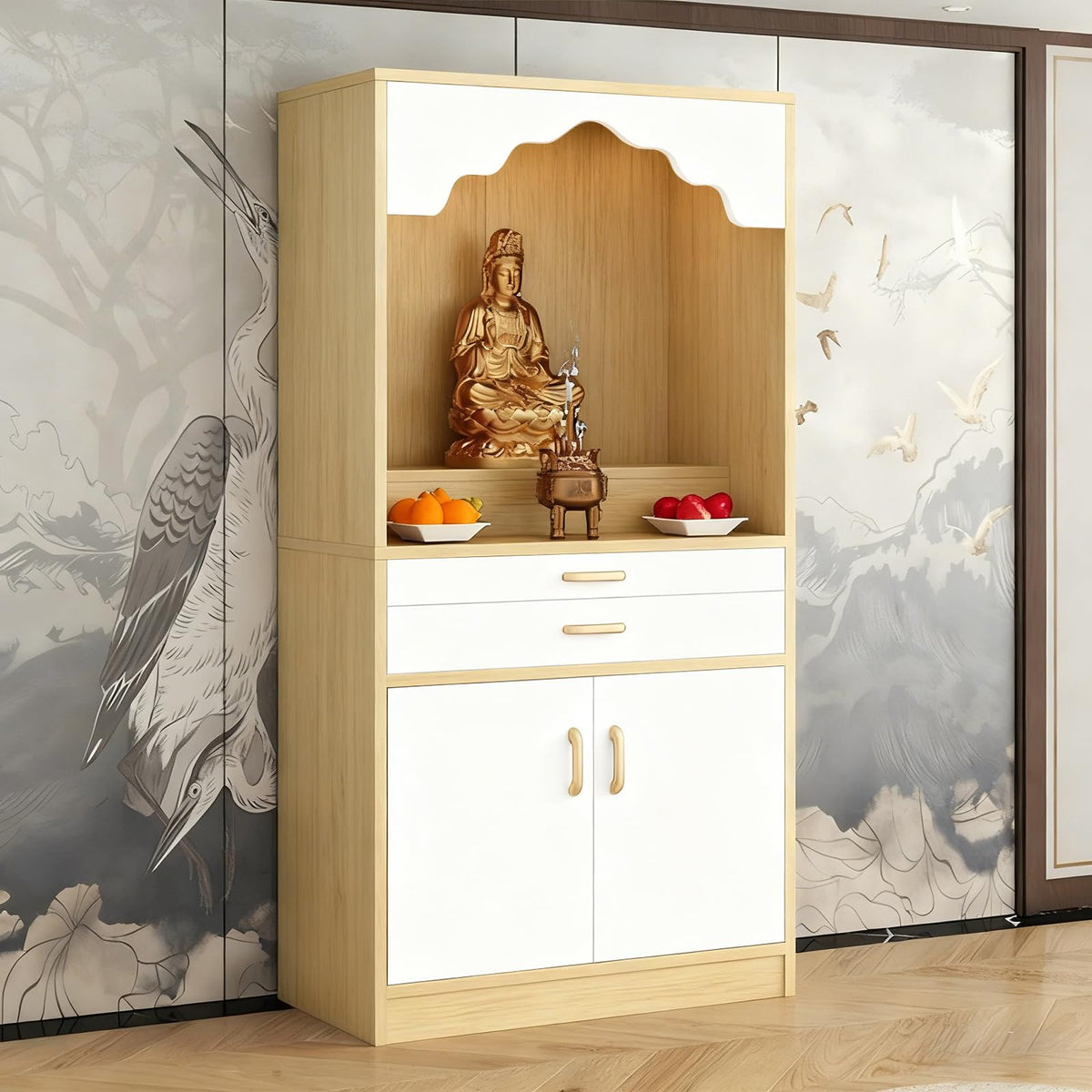 Altar Table Wood Meditation Prayer Table (White + Natural Wood / 31.5" x 15.7" x 63.8")