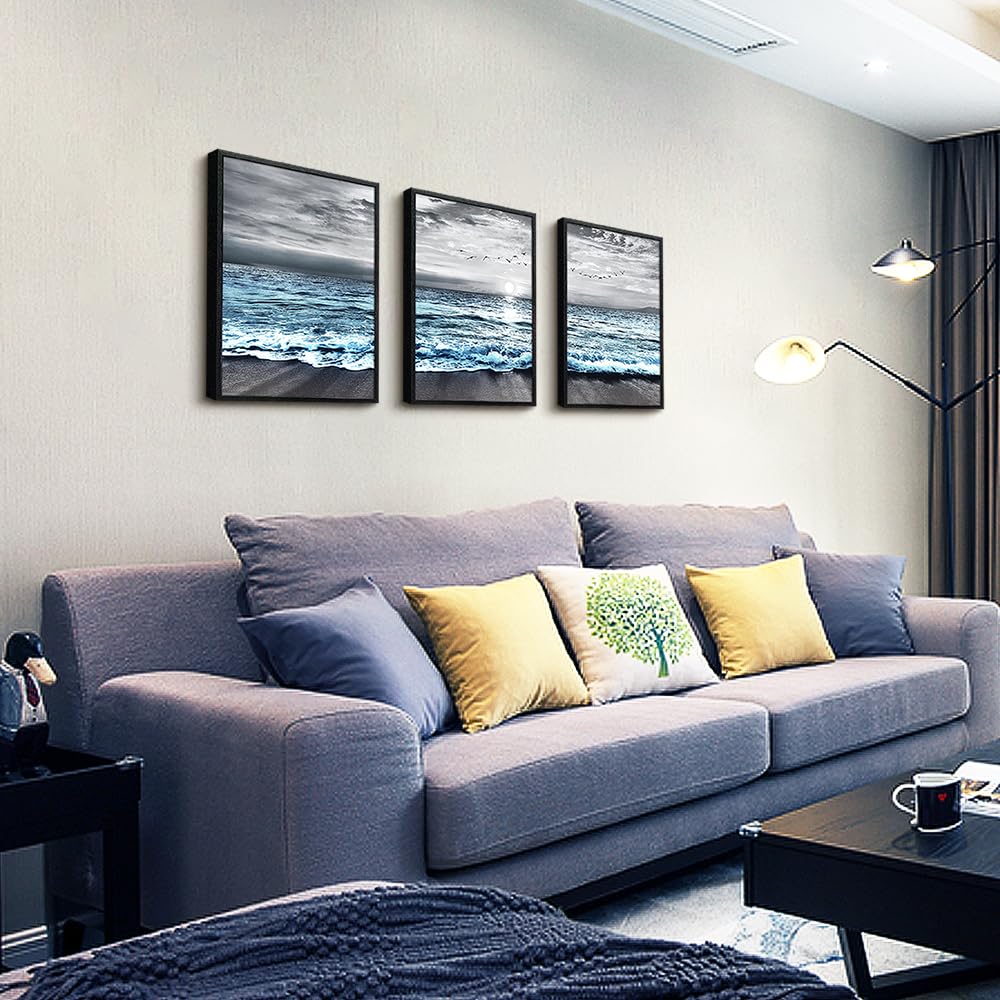 Black Framed Canvas Wall Art For Living Room & Bedroom Decor (12x16 inches (Set of 3 Panels) / Blue Ocean Landscape with Black Frame)