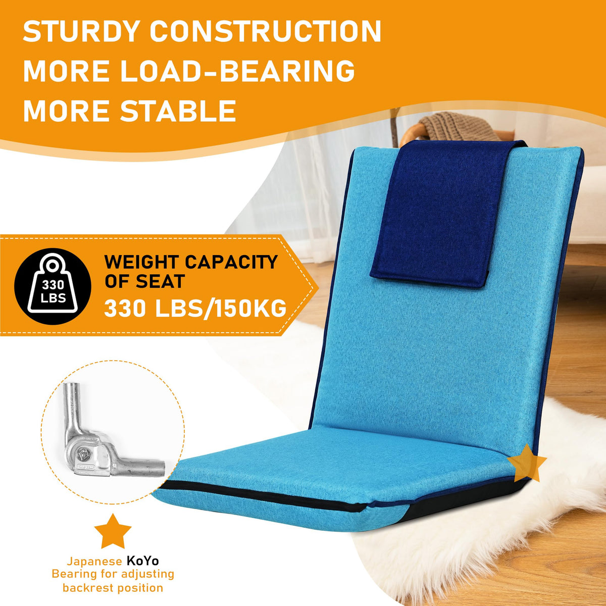 Floor Chair with Back Support Foldable Meditation Seat (Bright Blue & Dark Blue)