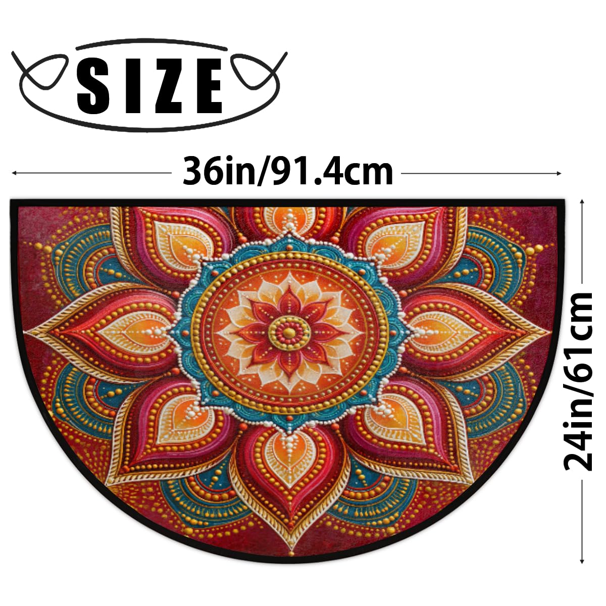 Mandala Half Round Door Mat Indoor Entrance Semi Circle Area Rugs (Z Mandala Red Flower Boho)