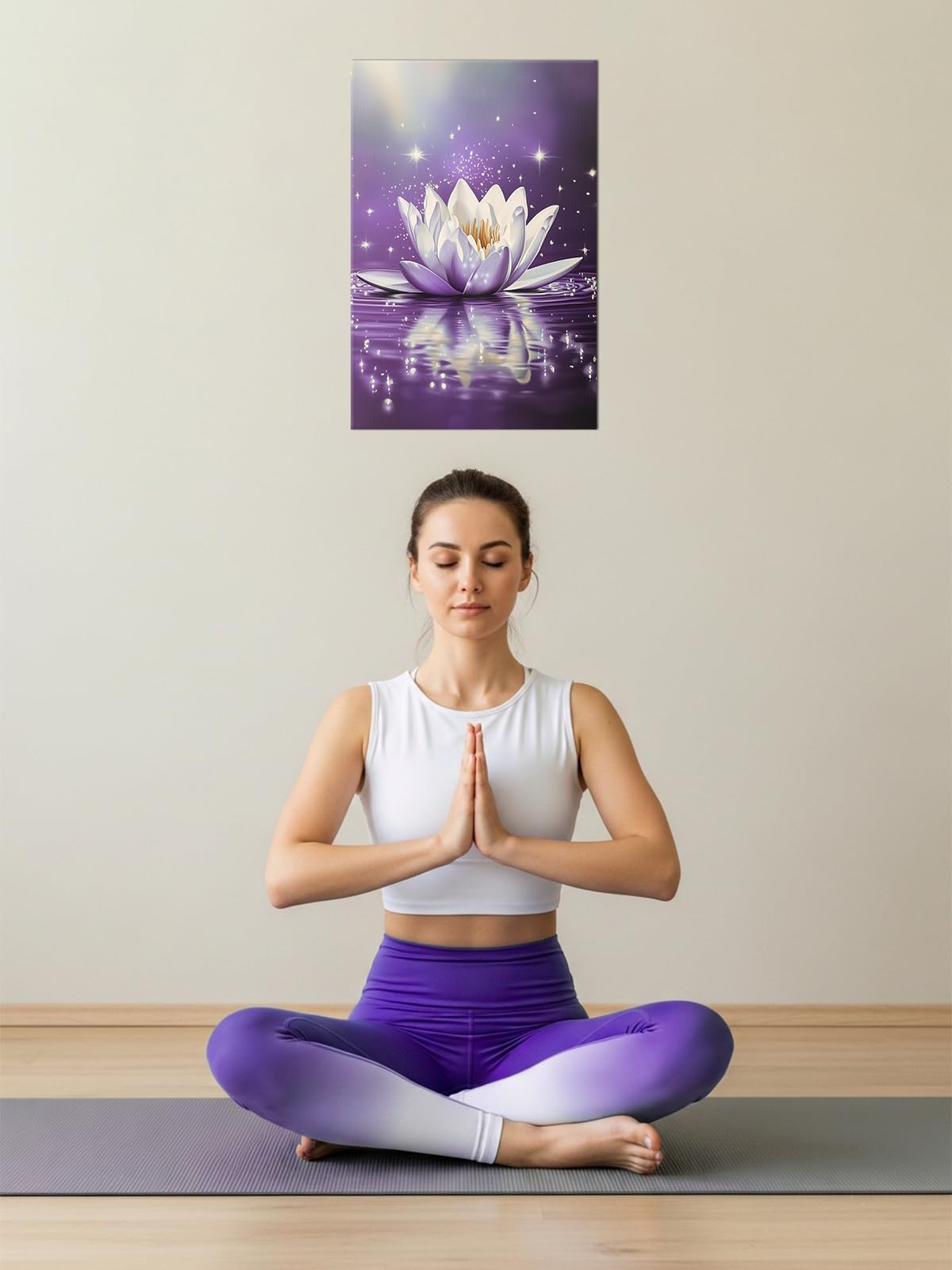 Lotus Flower Wall Art Zen Bathroom Decor Purple Picture Lotus Water Calm Canvas Prints Meditation Painting Modern Poster for Yoga Spa Room Living Room Office Decor Framed (B-Purple / 18"L x 12"W)