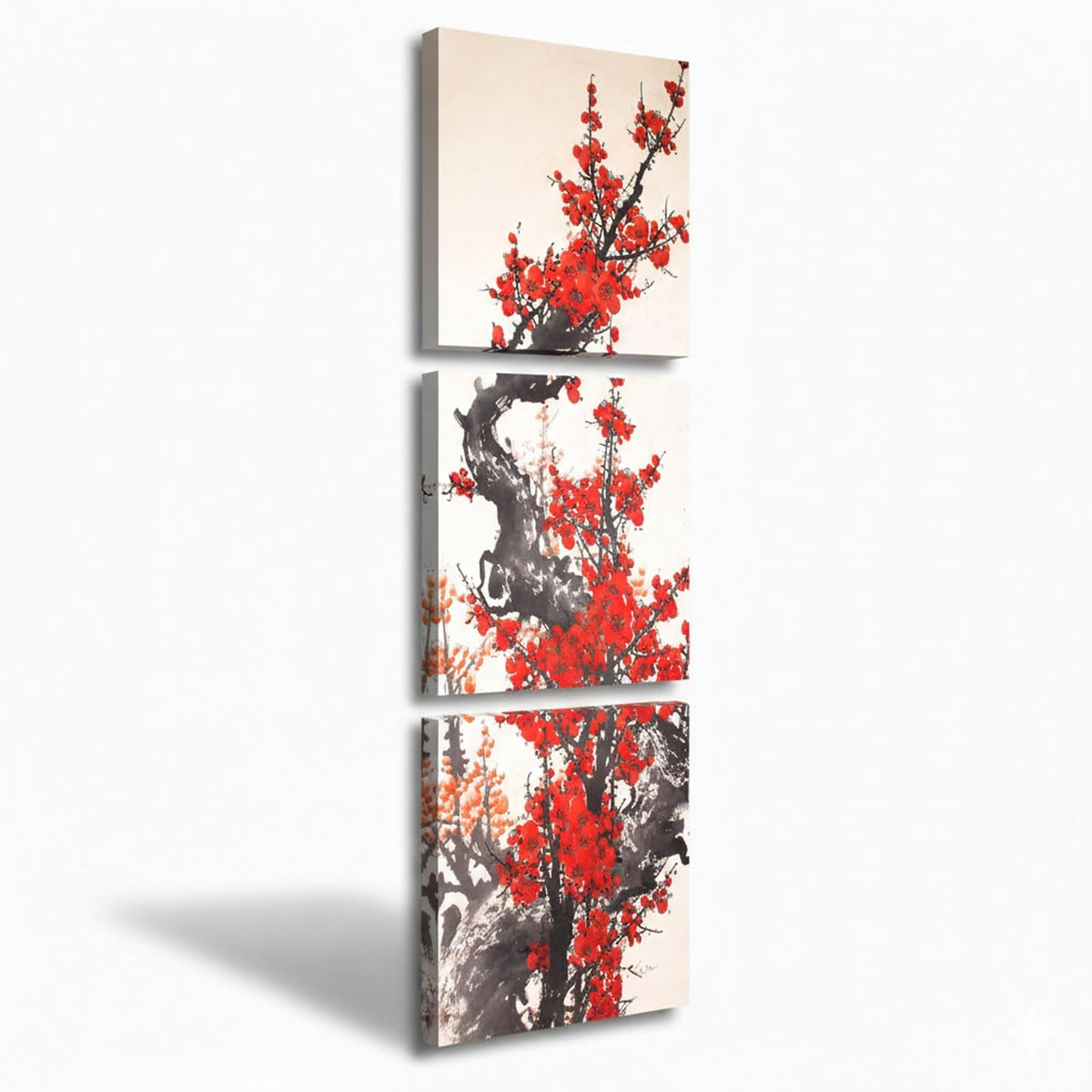 3Pcs Traditional Chinese Red Plum Blossoms Canvas Wall Art Print Red Flowers Asian Floral Painting for Home Decor Living Room Bedroom Office Botanical Artwork Ready to Hang (flower3 / 20x20 inches (3 pieces))