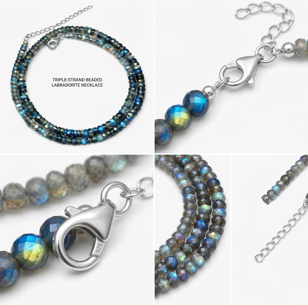 Blue Fire Faceted Labradorite Beads 16 Inch Beaded Necklace with Additional 2 inch 92.5 Sterling Silver Extension. Bead Size Varies from 2mm to 5mm (Blue Fire Natural Labradorite)