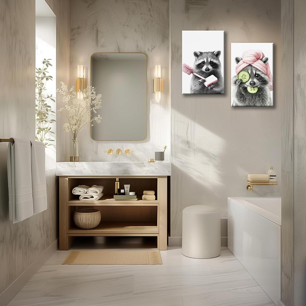 Funny Raccoon Bathroom Wall Art Black White Pink Animal Canvas Prints (Raccoon / 24"L x 16"W)