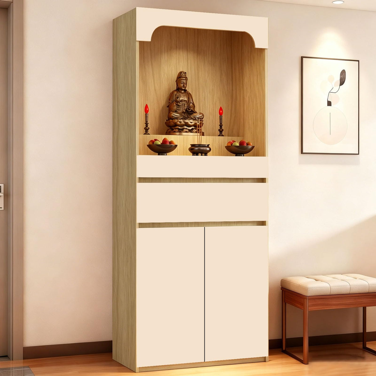 Altar Table Pooja Cabinet with Drawers and Storage Cabinets (15.7×15.7×65.4in / Beige+natural Wood Tone)