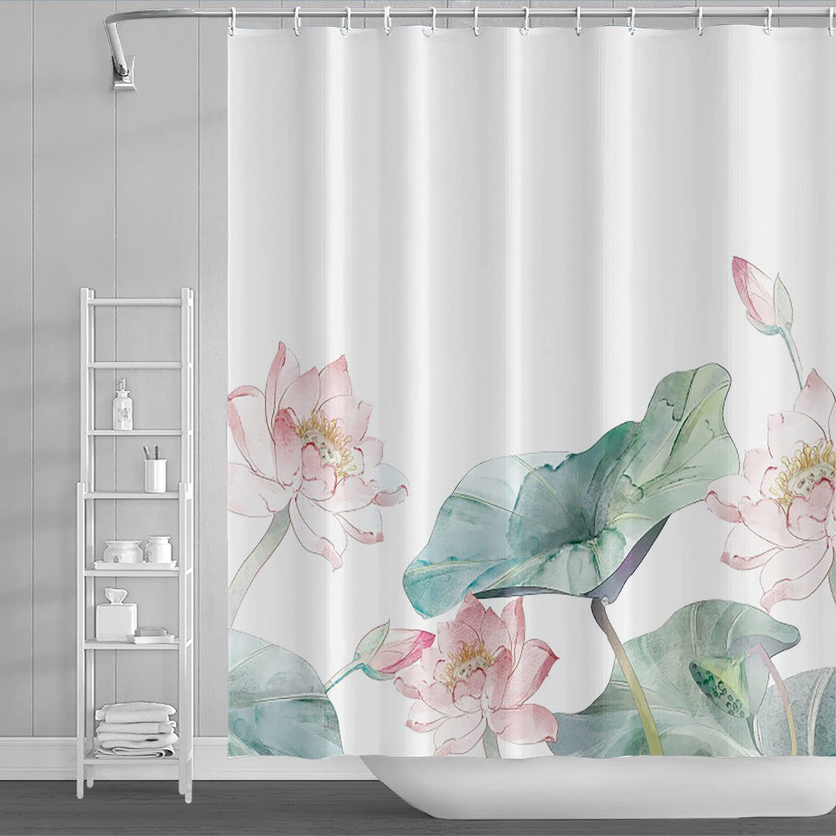 72x84inch Lotus Leaf Shower Curtain Set for Bathroom Decor Rustic Scenery Pond Watercolor Lotus Home Bathtub Stall Decor Summer Flower Floral Green Leaves Bathroom Curtain with Hooks (72"W x 84"L (Pack of 1) / Green Pink)