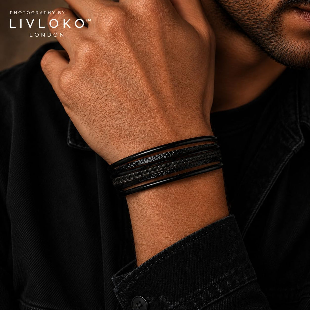 Mens Bracelet Leather Black Multi (C. Black Leather Adjustable / 8.75 IN)