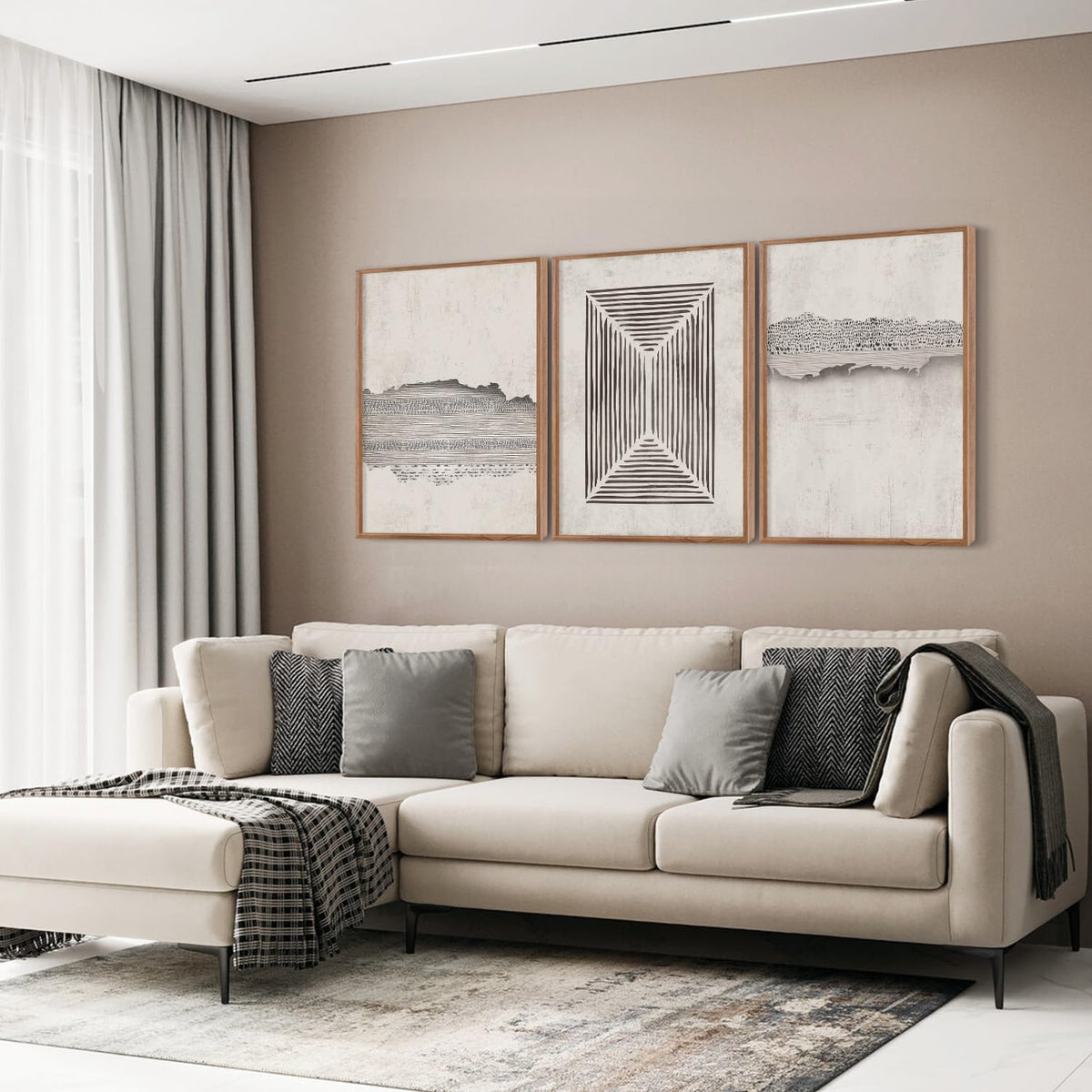 Abstract Minimalist Framed Canvas Wall Art Set Of 3 (Abstract line wall art 2)