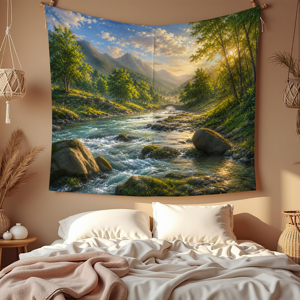 Sunlit River Mountain Tapestry 60x50 (Golden River Valley)