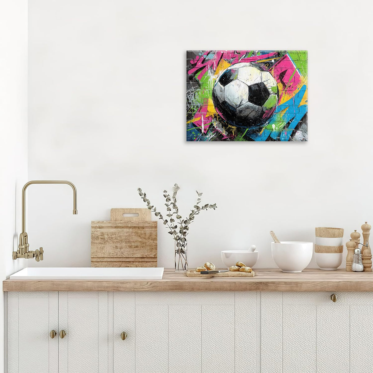 Soccer Canvas Wall Art Colourful Football Painting Framed ArtWork 12"x16" (Graffiti Soccer / 16"L x 12"W)