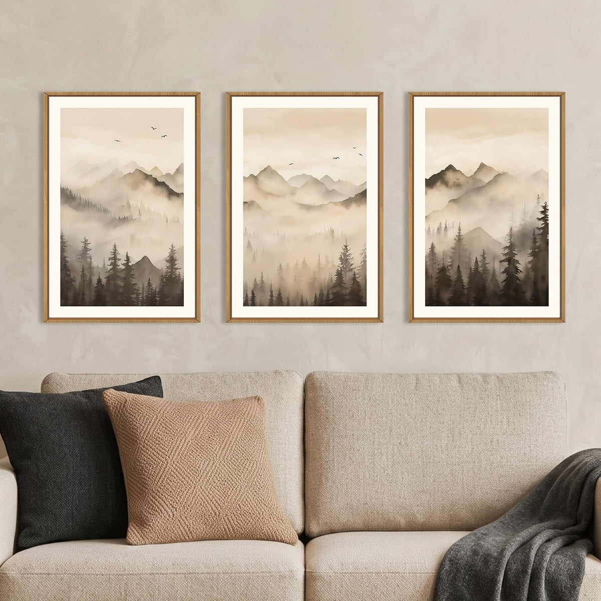 Neutral Misty Mountain Forest Framed Canvas Wall Art (Misty Forest Wall Art / 16"L x 24"W)