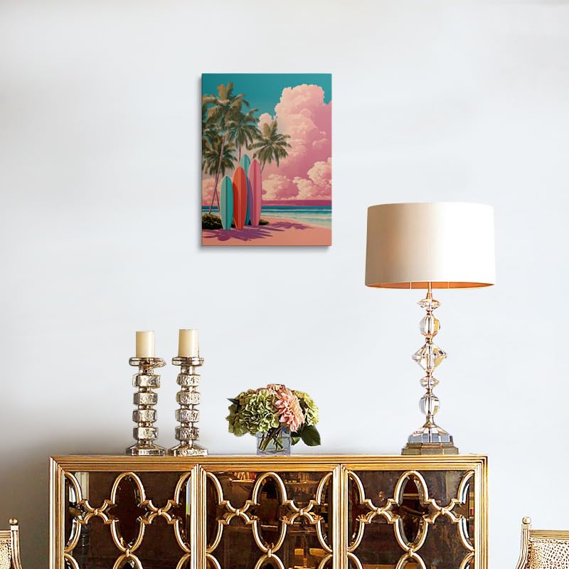 Coastal Surfboard Wall Art Canvas Framed Tropical Beach Painting Retro Pastel Pink Teal Coral Palm Trees Ocean Scene Wall Decor Artwork Poster 16x24 Inches (Pink Sand Beach / 24"L x 16"W)