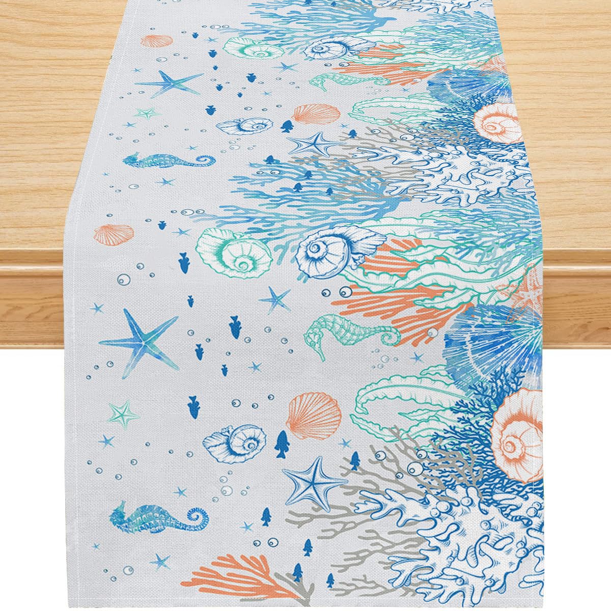 Coastal Beach Table Runner (13x90inch / Ocean Blue & Coral)