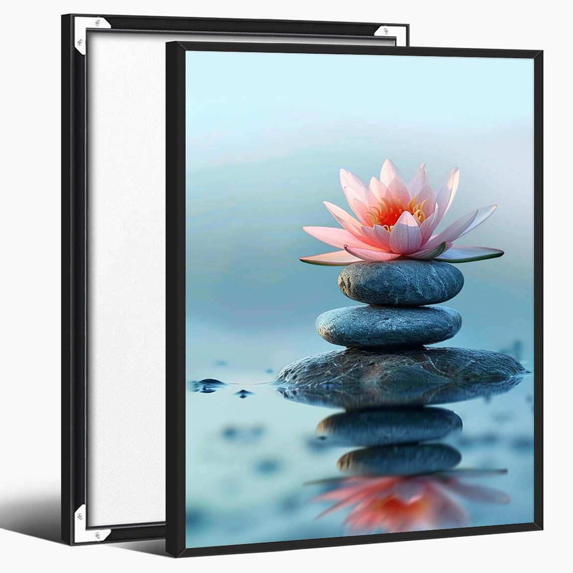 Zen Lotus Flower and Stones Wall Art (Black Aluminum Frame-8 / 24"L x 36"W)