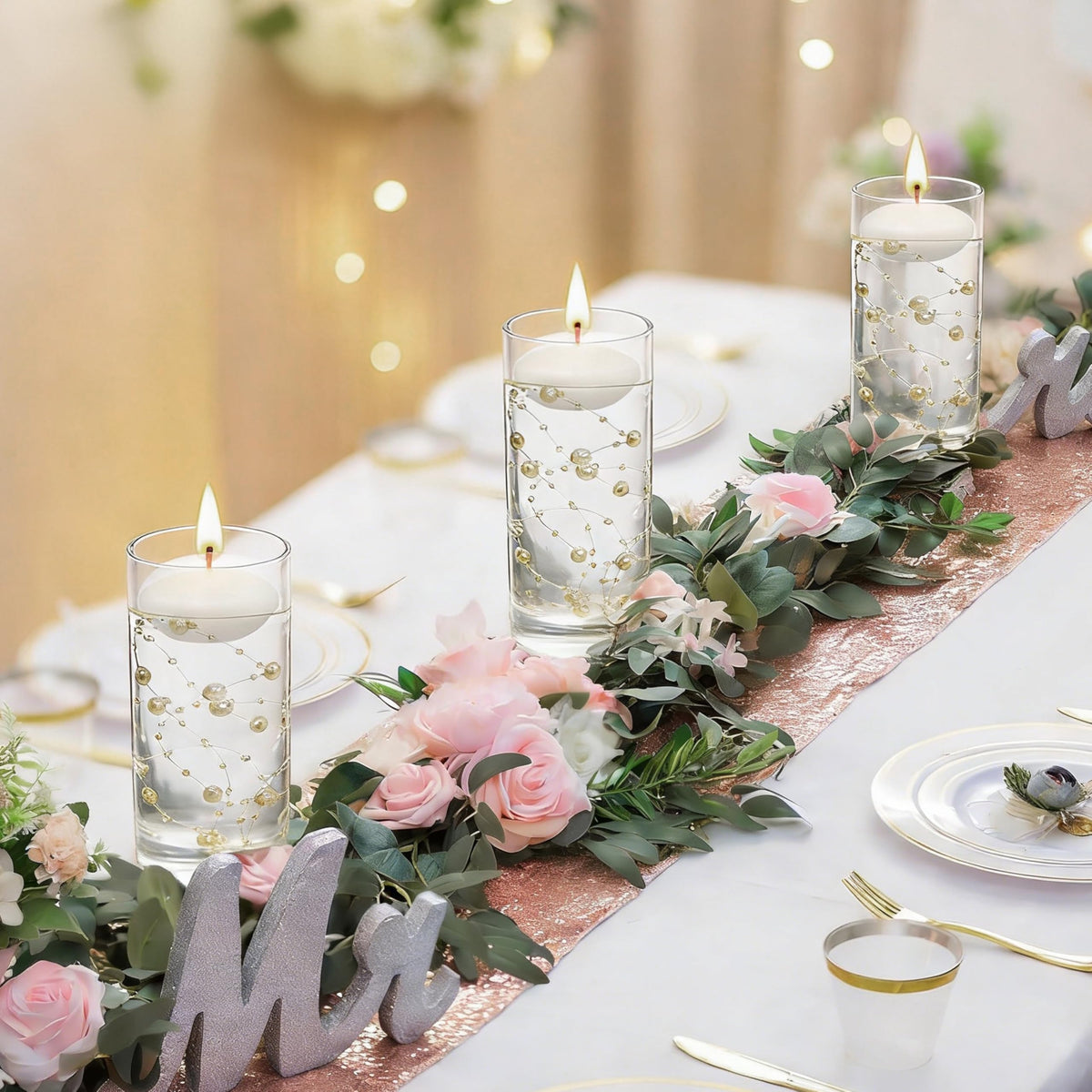24 Items MANNYCOM 50 Inch Artificial Pearl String for Floating Candle Faux Pearls Beads String Garland Centerpiece Decoration for Vases Filler Valentines Wedding Holiday Party Decor (Beige)