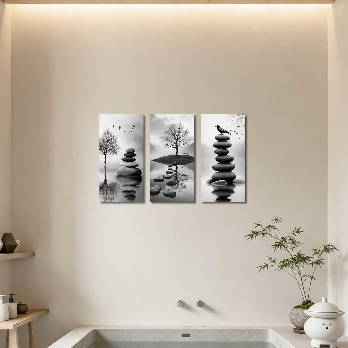 Set of 3 Black White Zen Bathroom Canvas Wall Art Prints Zen Stones in the Water Pictures White Lotus Poster Yoga Meditation Artwork Spa Room Decor (Gray / 40x20inx3 Pieces)