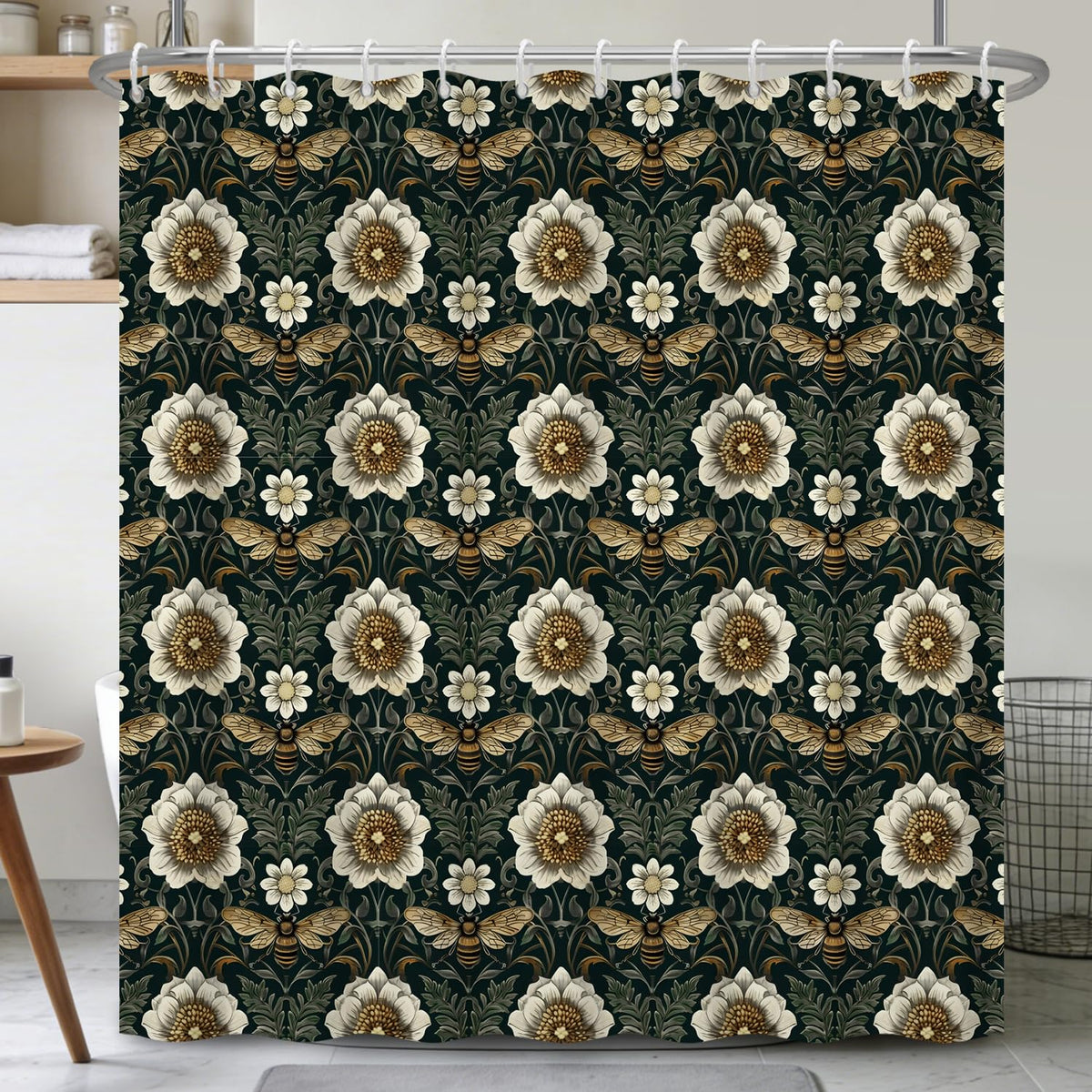 Botanical Shower Curtain with Hooks (Floral & Bees)