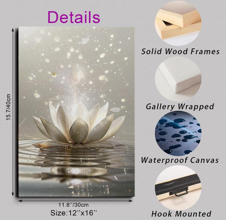 Framed Canvas Wall Art Zen Lotus Flower Spiritual Floral Painting Prints Posters Wall Decor Artwork for Spa Bathroom Bedroom Living Room Office Meditation Room Yoga Studio 12x16 Inches (Lotus Flower02 / 16"L x 12"W)