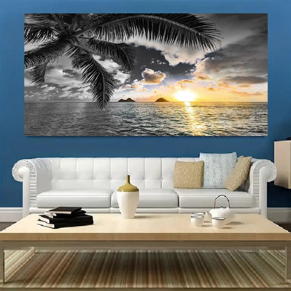 Wall Decor Living Room Black and White Beach Wall Art Sunset Seascape Pictures Palm Canvas Prints Art Wall Decor Bedroom Ocean Poster Painting for Home Office Decoration Scenery Artwork (beach HB / 40"L x 20"W)