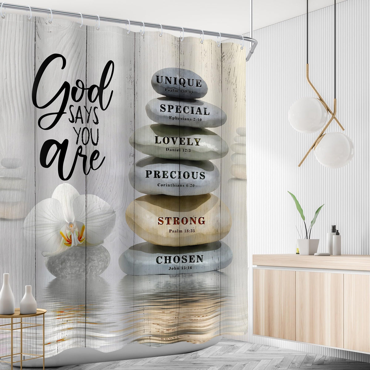 Bible Verse Scripture Christian Shower Curtain Zen Stone Spa 60Wx72L Inch (A-beige / 60"W x 72"L (Pack of 1))