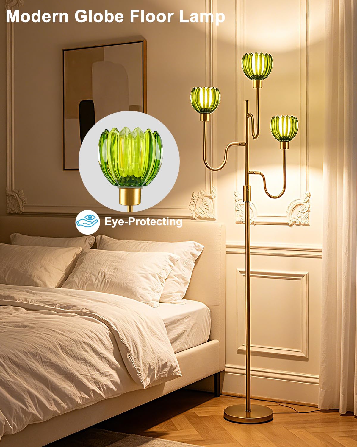Dimmable Green Glass Floor Lamp Mid Century Modern Gold Floor Lamps with Warm White Bulbs Included 3 (3 Green Tulip-Gold)