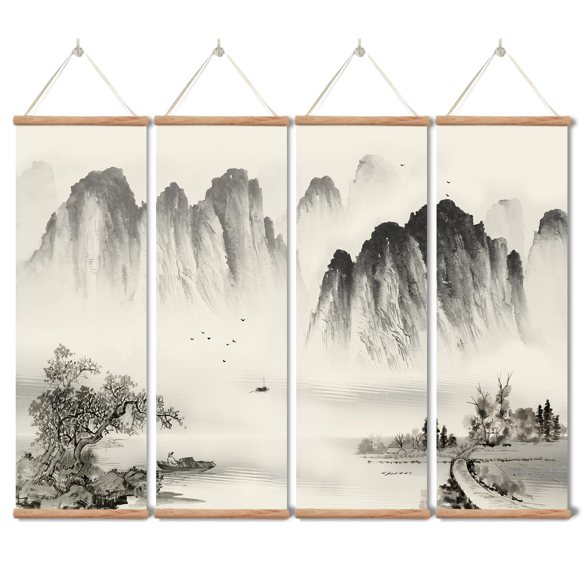 Chinese Ancient Landscape Scroll Wall Art (12”x36”x4piece / landscape-Oak)