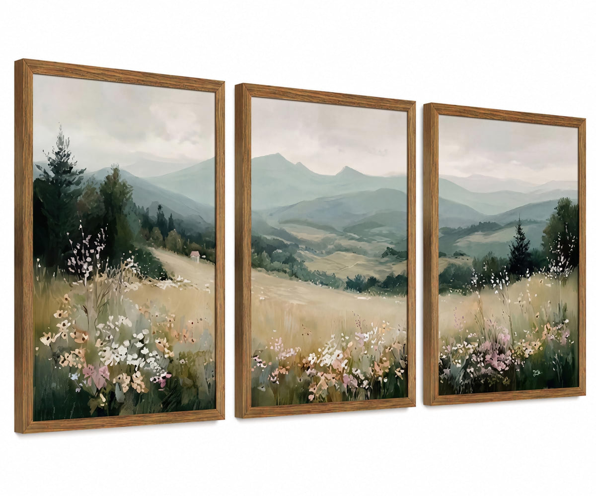 Minimalist Mountain Triptych Wall Art Set of 3 (MountainFlower / 16x24 Inch)
