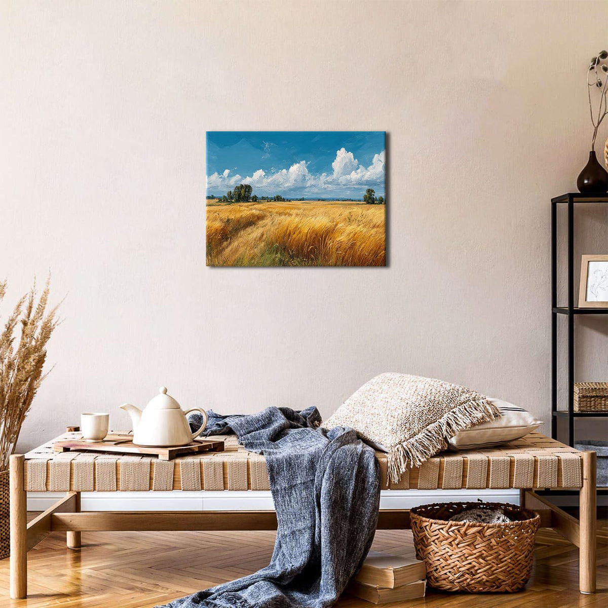 Rural Country Canvas Wall Art Golden Wheat Field Landscape Painting Rustic Farmhouse Wall Decor Countryside Scenery Pictures Blue Sky Clouds Prints Artwork Bedroom Living Room Home Decoration 12x16" (16"L x 12"W / Farm)