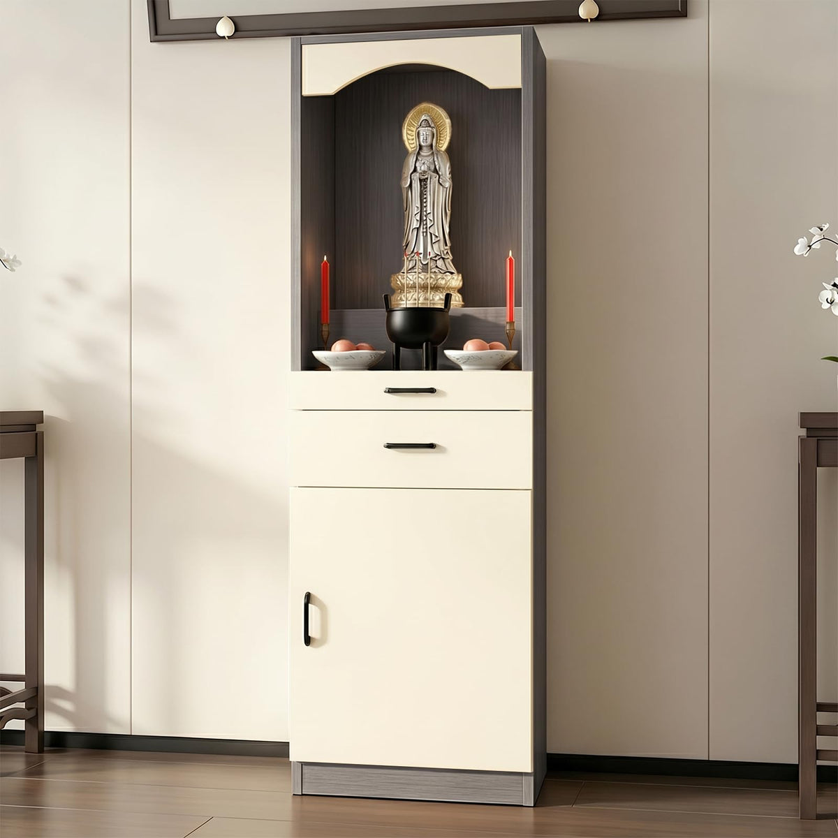 Solid Wood Altar Table (Beige + Dark Gray Wood / 15.7" x 15.7" x 65.4")