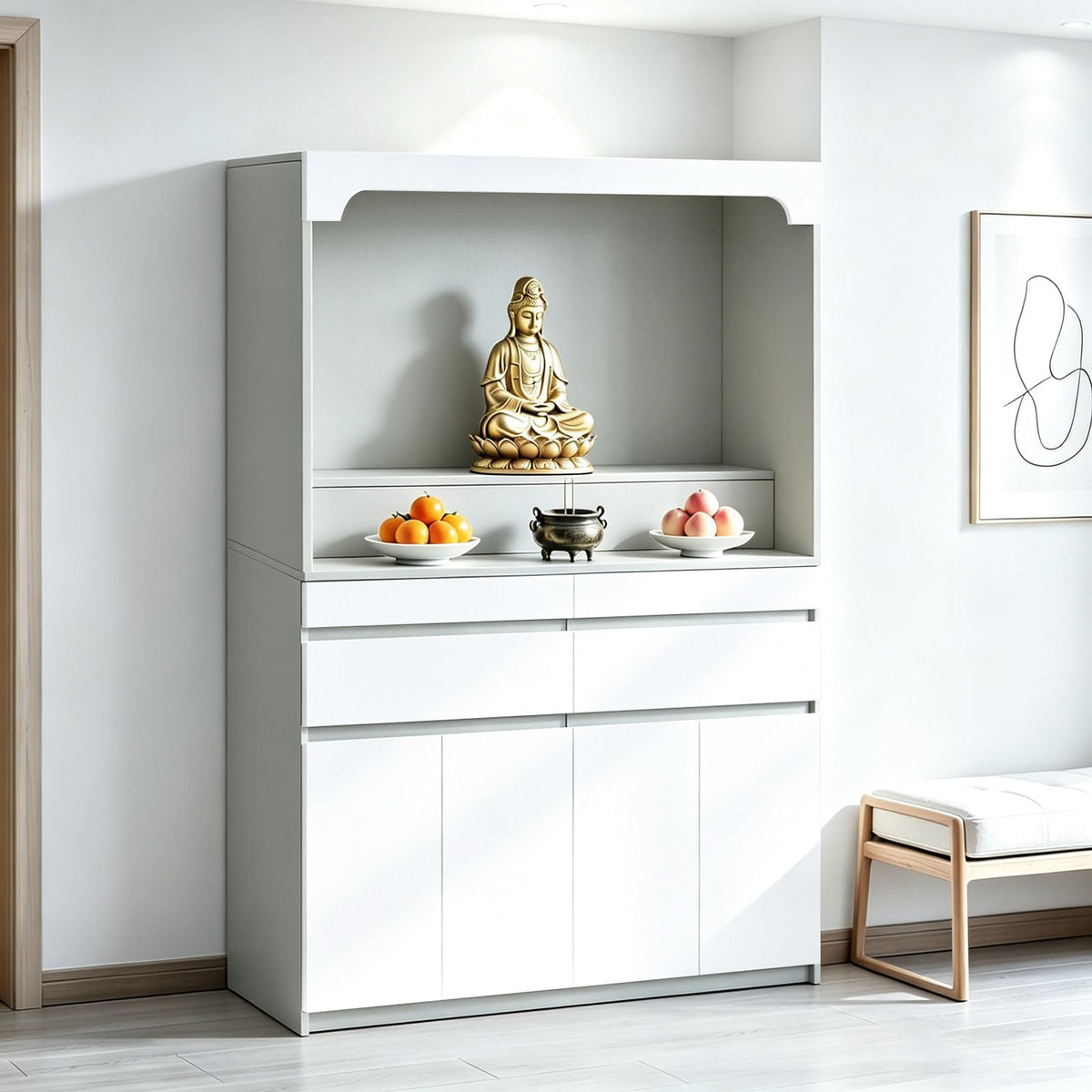 Altar Table Pooja Cabinet with Drawers and Storage Cabinets (39.4×15.7×65.4in / Gray + White)