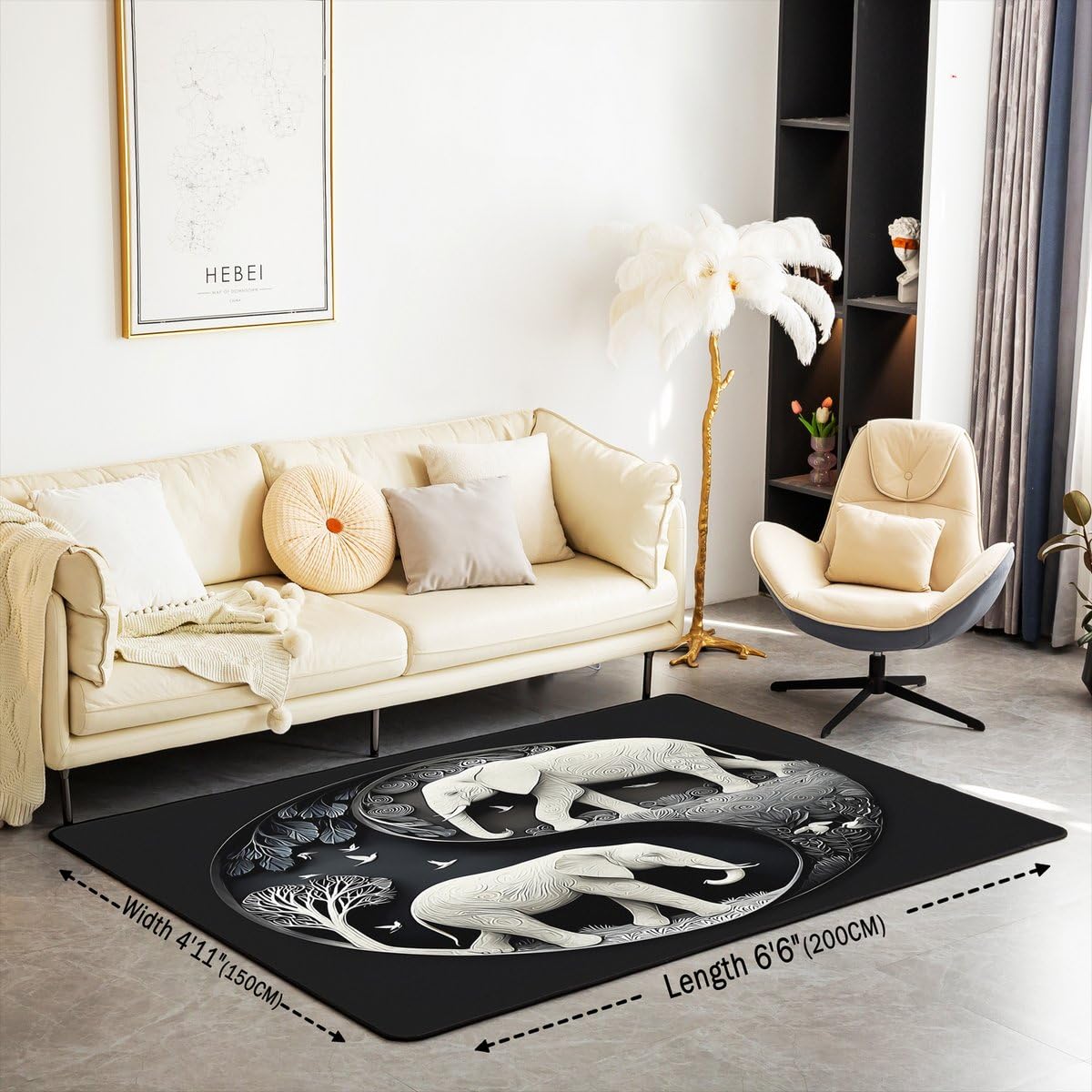 Elephant Large Area Rug 5x7 Bohemian Style Living Room Rug (Black Grey Beige / 4'11" x 6'6" (Rectangular))