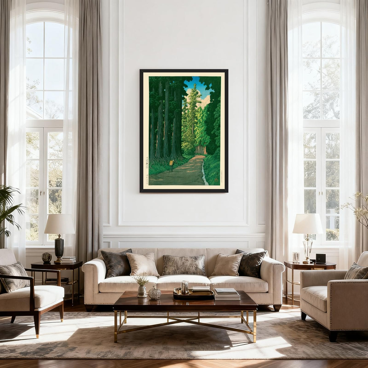 Black Framed Japanese Forest Wall Art Road to Nikko Canvas Poster Vintage Asian Landscape Nature Painting Prints Janpan Style Garden Ukiyo (24"L x 36"W / Landscape - Black Frame)