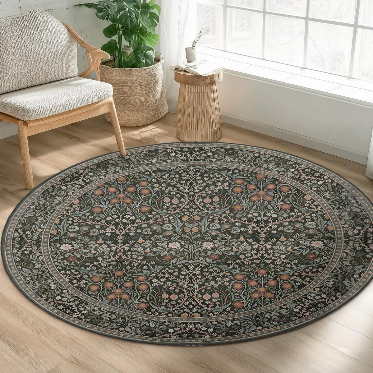 Dark Green Floral Round Area Rug 4ft (Daily-dark Green / 4' (Round))