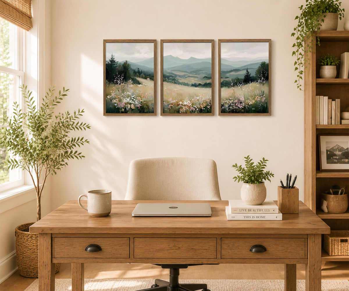 Minimalist Mountain Triptych Wall Art Set of 3 (MountainFlower / 16x24 Inch)